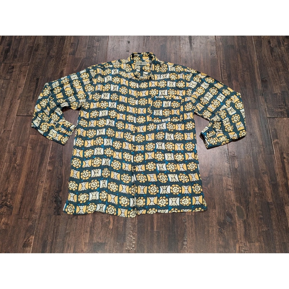 Vintage 90s Robert Stock Silk‎ Long Sleeve Geometric Shirt Mens XL Blue Yellow